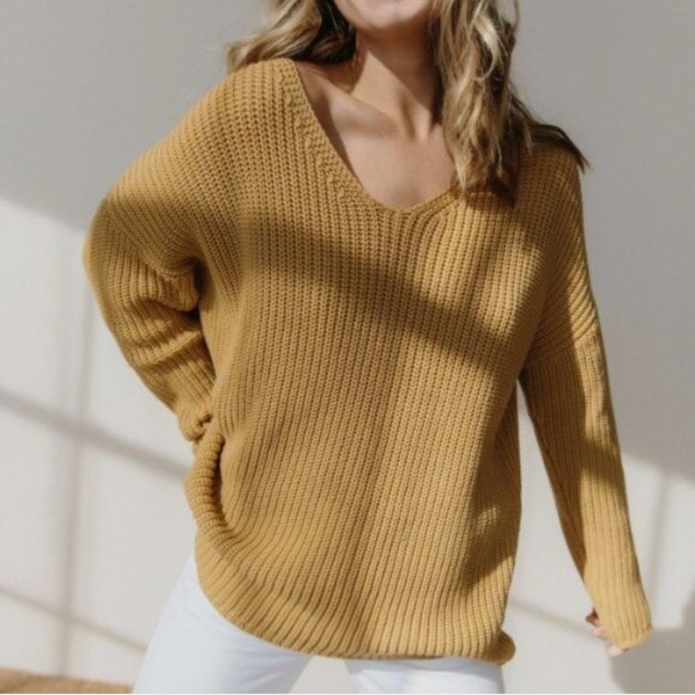 Jenni Kayne Cotton Cabin Knit Pullover Sweater Oversized Mustard Size XS